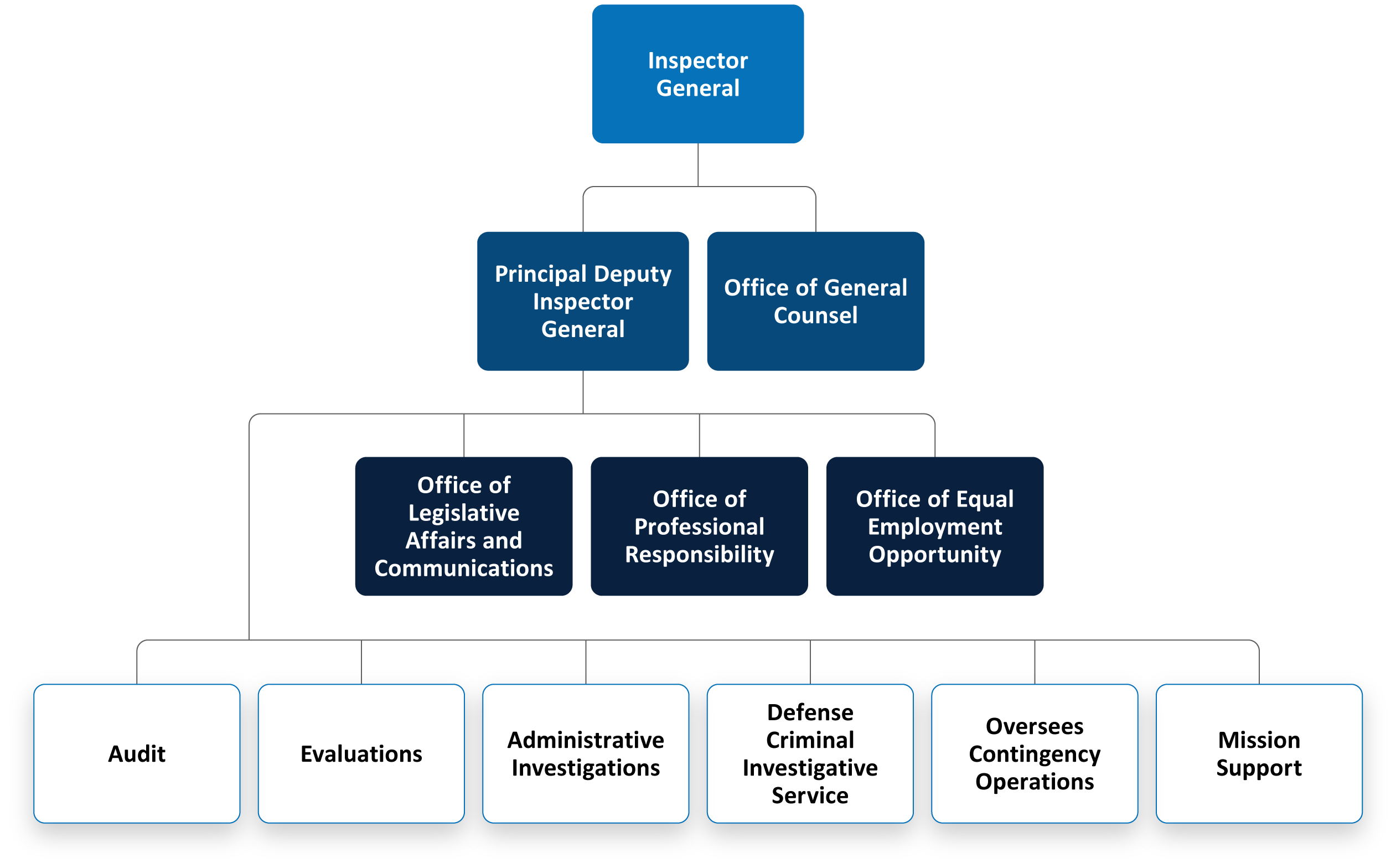 Inspector General Organizational Structure:  Inspector General,  Office of the Ombuds, EEO, Office of Professional Responsibility and Military Detachment, Principal Deputy Inspector General: Audit, Administrative Investigations, Defense Criminal Investigative Service, Evaluations, Overseas contingency Operations, Mission Support Team